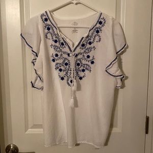 St John’s Bay White boho top with dark blue embroidery